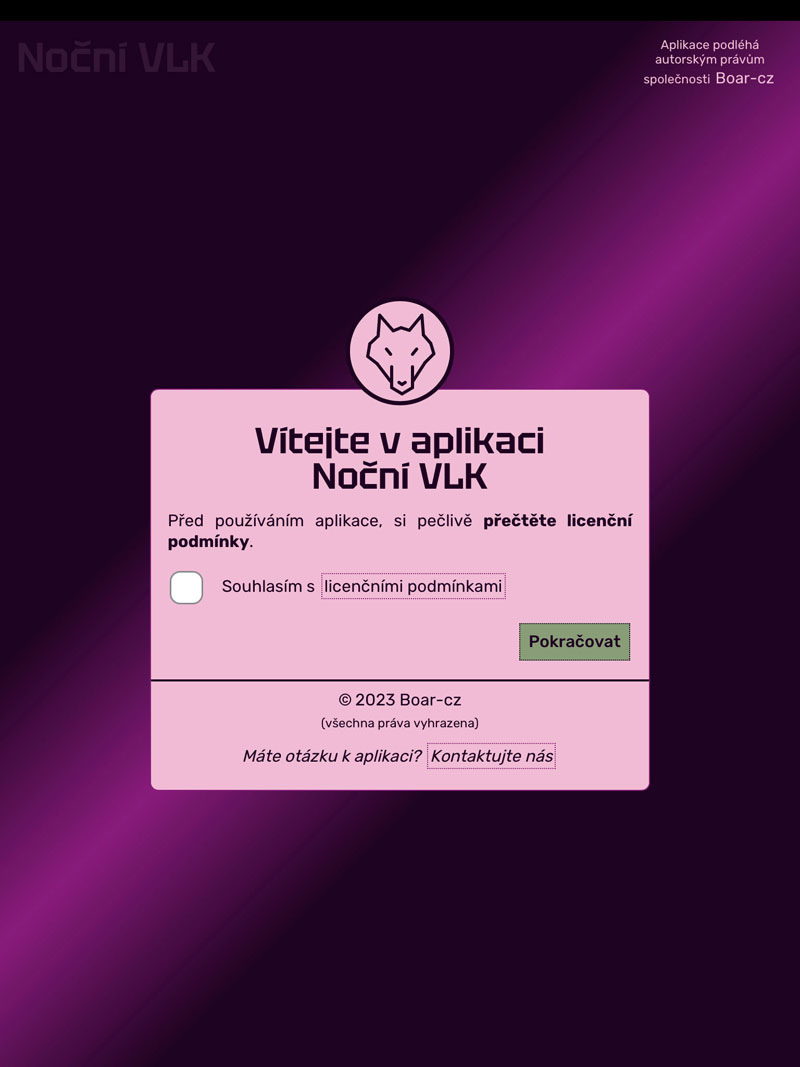 Aplikace Noční VLK - úvodní okno